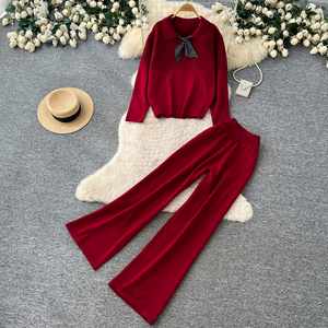 Conjuntos de 2 Piezas de Punto para <span class=keywords><strong>Mujer</strong></span>, Top de Manga Larga con Cuello y Detalle de Lazo, Pantalones Anchos de Cintura Alta, Atuendos Casuales para Otoño y Uso Diario - Product Image 1