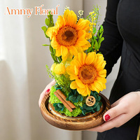 AM-PFA64 Ammy Fleurs éternelles Tournesol sous cloche en verre avec boîte cadeau noire Fleurs préservées sous couvercle en verre Décoration de Noël pour la maison
