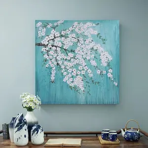 EAGLEGIFTS Handmade Blue Modern Canvas Painting White Flower Art Picture Abstract Oil Painting for Wall Decor