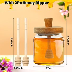 500ml Glass Honey <b>Jar</b> | with Wooden Honey Dippers Stick Set, Wide Mouth Honey Containers - Airtight Syrup Dispenser <b>for</b> <b>Kitchen</b> - Product Image 2