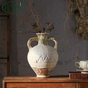 Jarrón de cerámica rústico con asas, maceta decorativa hecha a mano para sala de estar, arreglo de flores secas, estilo vintage - Product Image 1