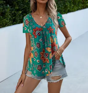 2022 New Summer S-2xl Floral Tops V Neck Tshirts Short Sleeve Bohemian Boho Tops Blouses For Women
