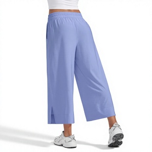 Pantalones de mujer de cintura alta, pierna ancha, hasta el tobillo, de color liso, con cordón, informales, holgados, transpirables, de punto, acampanados - Product Image 2