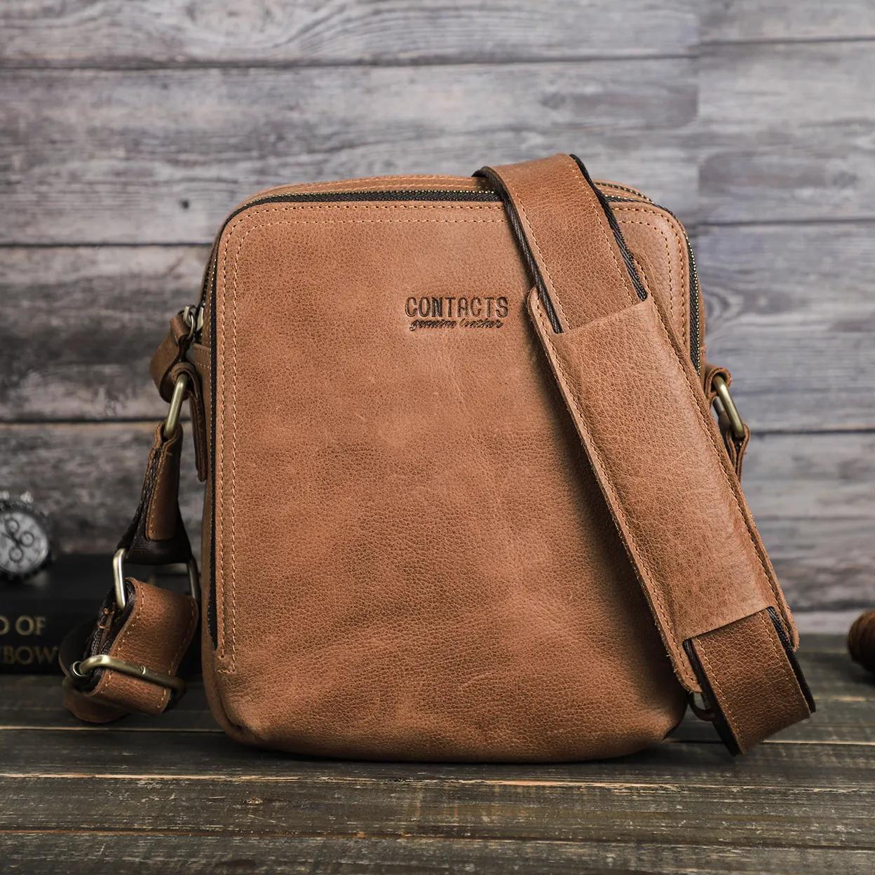 CONTACT'S Custom Logo Genuine Leather Mens Messenger Bag Vintage Male men Crossbody Bag Shoulder Bags for 7.9" ipad Mini men