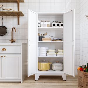Armoire scandinave blanche SENYU avec panneaux géométriques et poignées en laiton pour le rangement de la chambre - Product Image 3