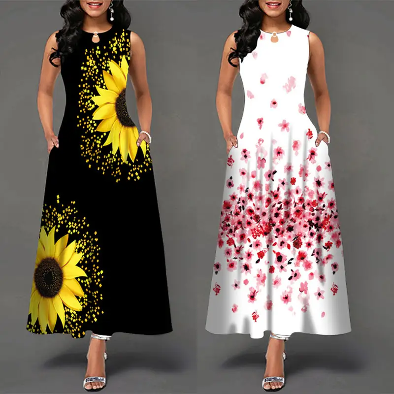 Large Size Elegant Women's Floral Print Long Maxi Dress Sleeveless Long Flower Sundress