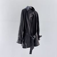 Manteau en cuir d'agneau pour femme, style motard, long, imperméable, doux, à double boutonnage, col mandarin, ceinture réglable, manchette à sangle, style urbain