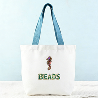 Sac fourre-tout en toile personnalisable avec poignées, motif brodé de perles animaux marins, initiales en option, couleur unie, taille moyenne