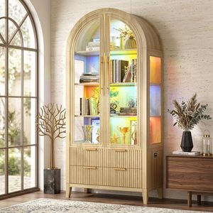Vitrine moderne SENYU à arche avec éclairage LED, 4 tiroirs, 5 étagères, meubles de salon en bois - Product Image 1
