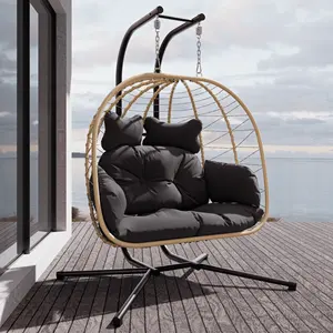 Chaise d'extérieur en rotin avec double œuf et support, coussin de hamac pliable pour patio en osier, causeuse suspendue, balançoire de jardin en osier