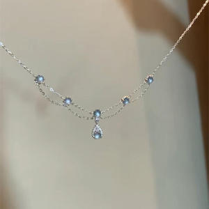 Collier en argent sterling S925 avec pendentif en forme de fleur de glace, diamant bleu clair taille rose, collier à perles tendance, clavicule, une seule goutte, pompon - Product Image 2