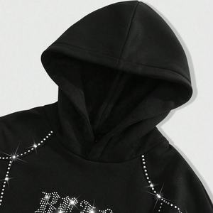 Sudadera con Capucha de Alta Calidad, Estilo Streetwear, Lavado Ácido, Efecto Desgastado, Estampado de Diamantes de Imitación, Talla Grande, Color Negro, para Hombre - Product Image 3