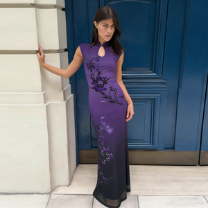 ชุดเดรสสไตล์กี่เพ้าพิมพ์ลายดอกไม้สำหรับผู้หญิง แขนสั้น ทรงเข้ารูป สไตล์วินเทจลำลอง แฟชั่นฤดูร้อน - Product Image 2