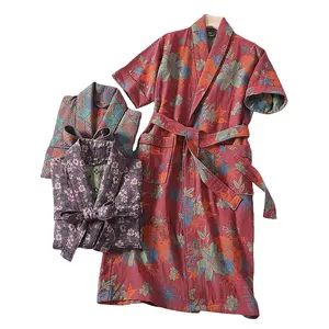 Gauze Cotton Kimono Robes with Pocket Short Sleeve Japanese Style Yukata Kimono Pajamas Spa Bathrobe