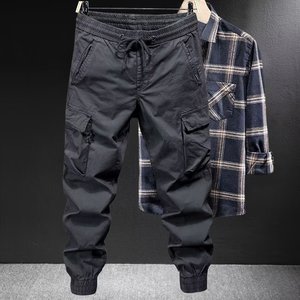 Pantaloni Cargo Casual da Uomo, Tinta Unita, per Ragazzi, Vita Media, Fronte Piatto, Vestibilità Ampia, Pantaloni con Risvolto Personalizzabili - Product Image 4