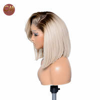 Perruque Bob Lace Frontale HD 13x4, Cheveux Humains Raides Ombré Blond Cendré Racines Foncées, Coupe Droite, Sans Colle