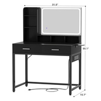 Coiffeuse moderne avec multiprise intégrée, miroir sur pied éclairé, tiroirs et étagères pour chambre à coucher/salon