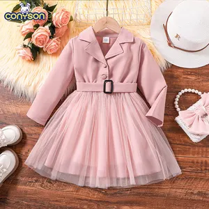 Conyson Kids Girls Dress 4-7 Years Pink V-Neck Mesh Splicing Long-Sleeved Dress Korean Style Casual Vacation Dress