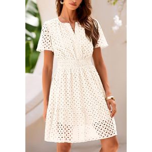 Robe Courte d'Été pour Femme, Col en V, Manches Courtes, Coupe Trapèze, Dentelle Évidée, Décontractée, pour Plage et Soirée, Robe de Printemps, Taille Élastique, Respirante - Product Image 4