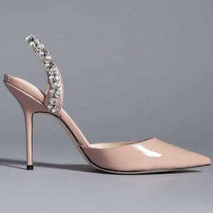 Scarpe da Donna con Tacco a Spillo, in Pelle Verniciata/Raso, con Pietre, Punta Affusolata, Colore Tan - Product Image 1