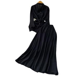 Camisa de protección solar de manga <span class=keywords><strong>larga</strong></span> rosa de estilo suave de verano para mujer <span class=keywords><strong>con</strong></span> <span class=keywords><strong>falda</strong></span> adelgazante de cintura alta de dos piezas <span class=keywords><strong>con</strong></span> patrón sólido - Product Image 5