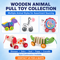 Collection de jouets à tirer en bois pour enfants avec des modèles dinosaure, zèbre, escargot, chiot et crocodile