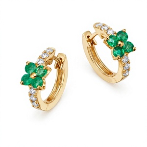 Aros con Forma de Flor, Chapados en Oro de 18K y 14K, con Esmeralda y Diamantes Redondos con Engaste de Garra, para Uso Diario, de Lujo para Mujer - Product Image 4