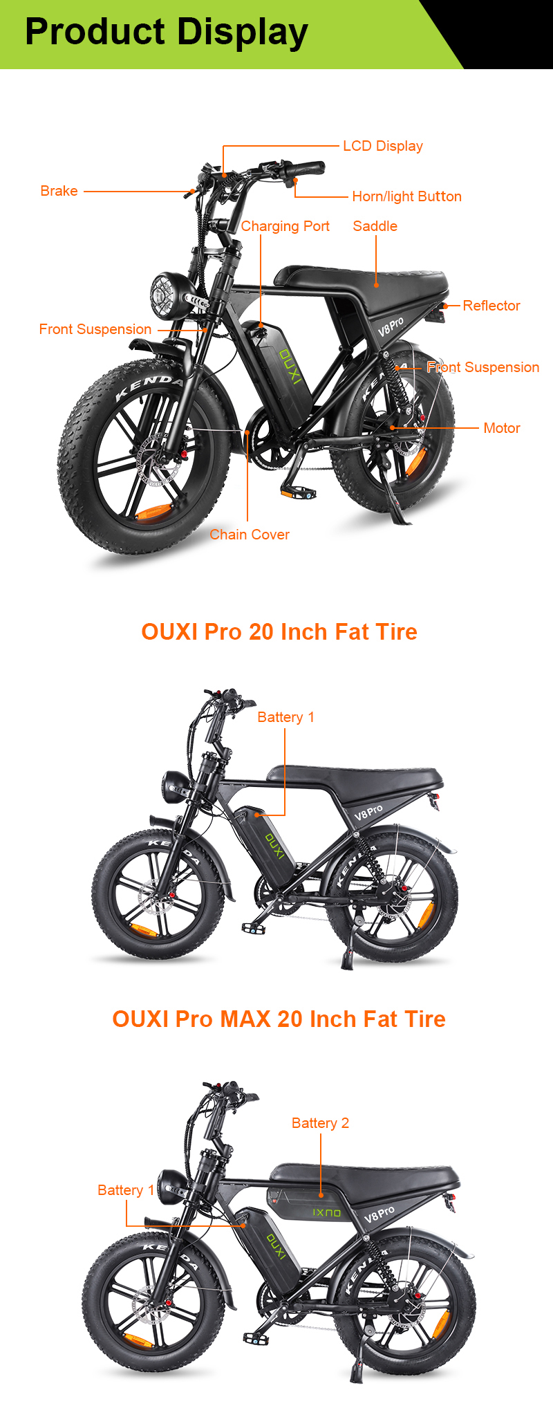 オリジナルOUXI V8 Pro 20インチ 1000W 500W 48V 高速フル