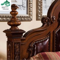 Lit double de style américain rétro en bois massif sculpté, en cuir véritable, design antique de luxe, meubles pour la chambre à coucher