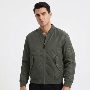 <b>Men's</b> Olive <b>Green</b> Bomber Jacket Stand Collar Zipper Closure Casual Windproof Polyester Material Autumn Wear - Product Image 1