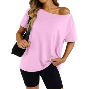 Camiseta de Lona Ecológica de Alta Calidad para Mujer, con Hombros Descubiertos, Logotipo Personalizado Impreso, Algodón Lavado, Tejido de Punto, Informal de Verano - Product Image 1