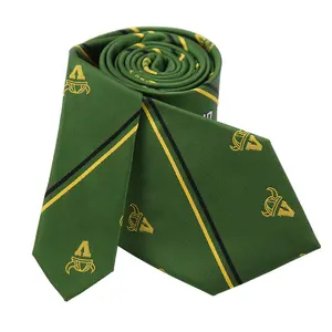 남자 주문 클럽 로고에 의하여 길쌈되는 자카드 직물 넥타이 녹색 줄무늬 디자인 목 동점 폴리에스테