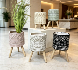 Bohemian Geometric Tripod Planter, Embossed Cylindrical Flower <b>Pot</b> with Wood Stand - Product Image 3