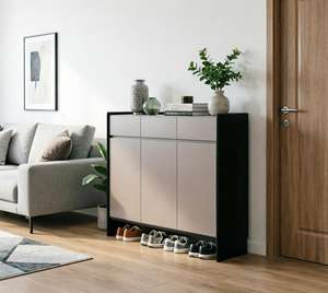 Meuble à chaussures moderne et fin, écologique, réglable, avec rangement inférieur ouvert, organisateur <span class=keywords><strong>d</strong></span>'entrée à 3 portes, finition beige et noir, pour salle de sport - Product Image 4