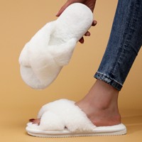 6624 Pantoufles en peluche à brides croisées pour femme, chaudes et confortables, à bout ouvert, plates, style tongs, pour l'intérieur, couleur unie, hiver automne