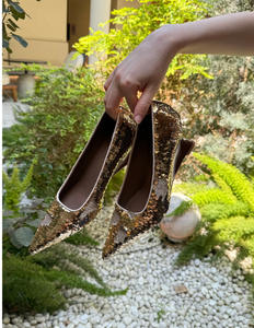 Cantilever <span class=keywords><strong>doré</strong></span> paillettes Mules chaussures femmes talons Chic à la mode bout pointu sans lacet sandales compensées élégance Style mode pompes - Product Image 3