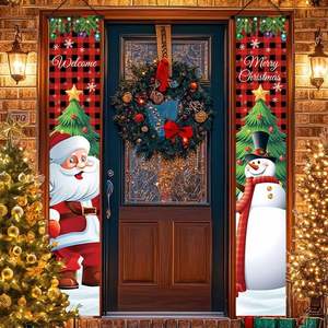 Décorations de Noël : Couplets de porte Père Noël et Bonhomme de neige 30*180cm en tissu polyester avec tringle de suspension en PVC, lot de 2 pièces - Product Image 1