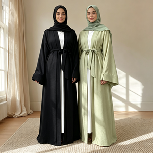 Abaya élégante à poches latérales en polyester, ensemble assorti avec hijab en mousseline légère, tenue islamique modeste pour le printemps et l'été, pour adultes musulmans - Product Image 1