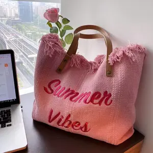 Wholesale eco-friendly lady canvas tote bag with leather handles and fringes