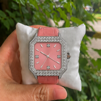 Montre de luxe sertie de diamants Moissanite, 40 mm, bracelet en cuir rose, verre saphir, montre mécanique automatique