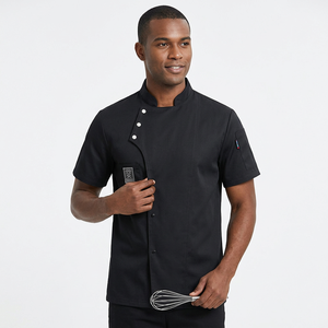 Unisex <b>Short</b> <b>Sleeve</b> Chef <b>Jacket</b> Black Button Closure Restaurant Kitchen Uniform for Men and Women - Product Image 4
