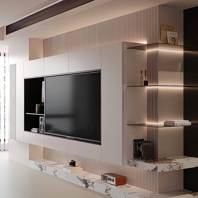 Luxury Built-in Media Console with Integrated TV Panel Large Storage and Warm LED Shelves for Modern Home Cinema