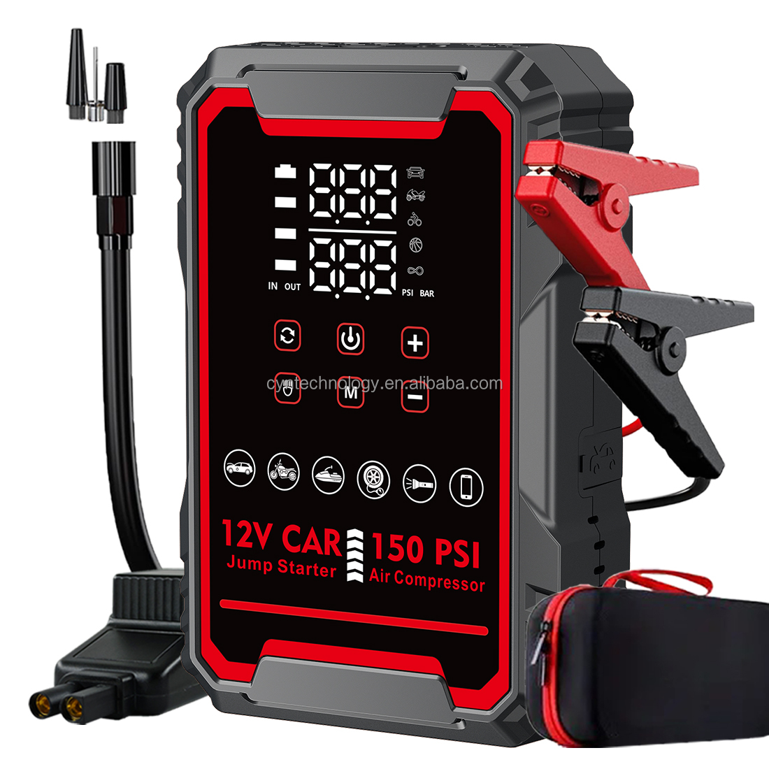 Portable 4-in-1 <strong>Jump</strong> <strong>Starter</strong> & Air Compressor <strong>12V</strong> <strong>Lithium</strong> Battery Booster Pack 2000A Peak Current 22200mWh Capacity