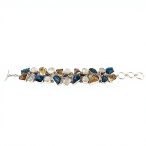 Nice Delightful Rough Shape Multi Stone 925 Sterling <b>Silver</b> Bohemian Style Unisex Women's <b>Charm</b> <b>Bracelet</b> - Product Image 3