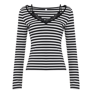 Unique False Two Piece V-Neck Top Women's Casual Striped Color Block <b>Lace</b> Breathable Compressed Long <b>Sleeve</b> Knit T-Shirt - Product Image 6