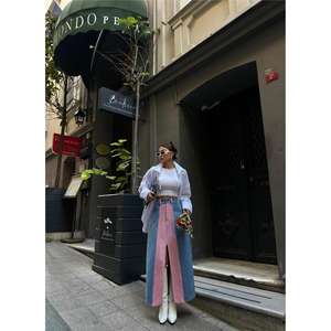 <b>Long</b> Vintage <b>Denim</b> <b>Skirt</b> Front Slit Button Decoration Casual Style <b>Plus</b> <b>Size</b> Light Printed for Spring Summer Autumn Seasons-Pink - Product Image 3