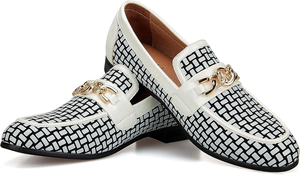 Chaussures de soirée à motif géométrique en cuir véritable blanc pour hommes, avec chaîne en or, décor, mode d'automne, avec détails contrastés - Product Image 3
