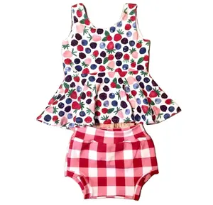 Summer Mixed Berries Strawberries Blueberry Peplum Vest Tunic Top Red Gingham Bummies Outfit Girl Set
