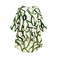 Chemisier Tunique Ample Femme Vert Imprimé Abstrait Épaules Dénudées Manches 3/4 Ourlet Asymétrique Haut-Bas