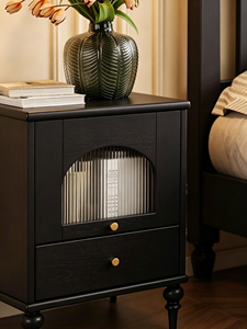 Premium Black Solid Wood Nightstand French Vintage Fluted Glass Door 2-tier Storage Bedroom Furniture Stable Turned Legs <b>Bedside</b> - Product Image 3